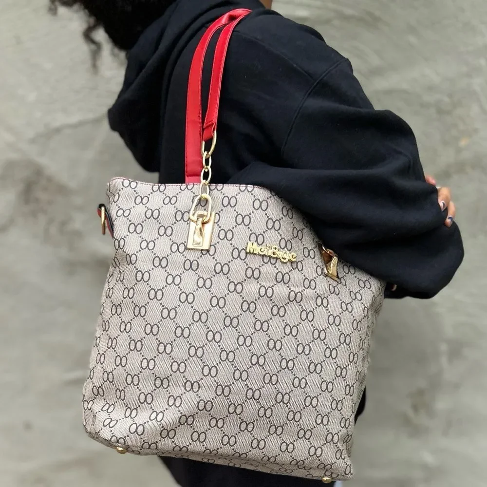 Gray Tote Bag with Red Straps